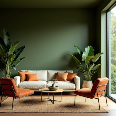 Sala de estar com paredes verde oliva, elementos naturais e luz abundante, criando uma atmosfera viva, equilibrada e emocionalmente restauradora.