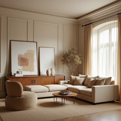 Sala de estar elegante com painéis clássicos nas paredes, sofá em tom neutro, poltronas arredondadas e quadros apoiados no aparador. A paleta em bege e areia, com texturas naturais e luz suave, cria um ambiente acolhedor, equilibrado e atemporal.