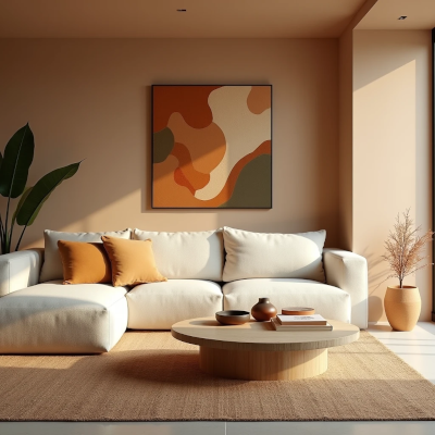 Sala de estar contemporânea com sofá claro, almofadas em tons terrosos e mesa de centro orgânica. Quadro abstrato em cores quentes na parede e iluminação natural criam um espaço minimalista, porém acolhedor e sensorial.