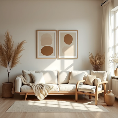 Sala de estar clara com sofá de madeira clara e estofado neutro, tapete natural e elementos decorativos em fibras e cerâmica. Quadros em tons terrosos, luz natural abundante e materiais orgânicos reforçam a sensação de calma e conexão com a natureza.