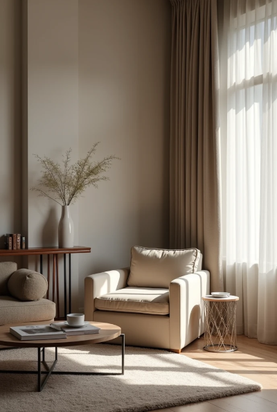 Sala elegante e organizada, mas com atmosfera fria e impessoal, transmitindo sensação de estranhamento e desconexão com o espaço.