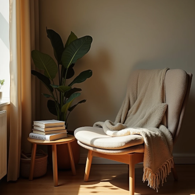 Canto aconchegante com poltrona, manta e livros, criando sensação de pertencimento e reconexão com o espaço.