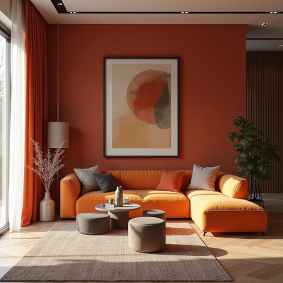 Sala moderna com móveis e cores da moda, visualmente impecável, mas com atmosfera impessoal e sensação de vitrine.