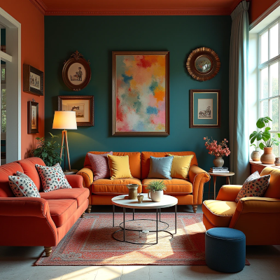 Ambiente com excesso de cores e estilos misturados, criando sensação de confusão e tentativa de seguir muitas tendências ao mesmo tempo.