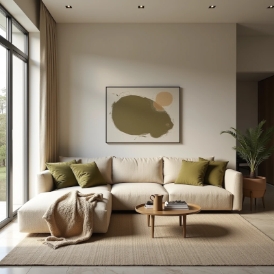 Sala com base neutra atemporal combinada com detalhes atuais em verde oliva, demonstrando equilíbrio entre tendência e identidade.