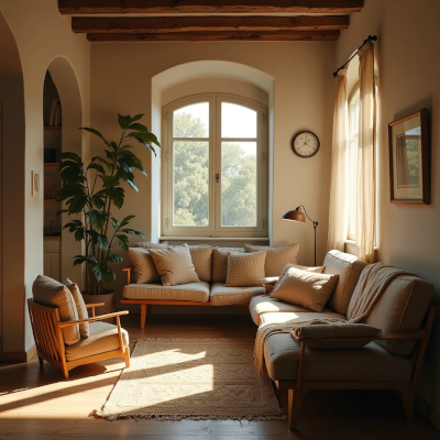 Ambiente acolhedor com texturas naturais e mistura de peças antigas e atuais, transmitindo sensação de casa autêntica e atemporal.