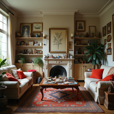 Sala com superfícies lotadas, objetos variados e cores conflitantes, transmitindo sensação de cansaço visual e excesso de estímulo.