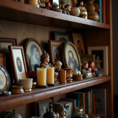 Estante com muitos objetos pequenos agrupados, criando ruído visual e sensação de excesso decorativo.