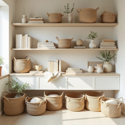 Ambiente com organizadores neutros e poucos objetos visíveis, criando sensação de ordem leve e harmonia visual.