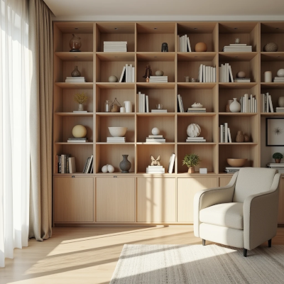 Sala organizada com menos objetos e paleta coesa, transmitindo leveza, clareza visual e sensação de paz no ambiente.