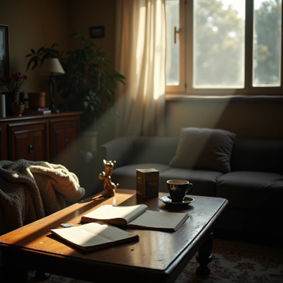 Sala levemente desorganizada com livros e objetos espalhados, iluminada por luz natural com sombras suaves, transmitindo sensação de bloqueio e pausa.