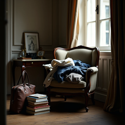 Cadeira com pilha de roupas acumuladas em ambiente sofisticado, iluminado por luz lateral suave, simbolizando procrastinação e acúmulo gradual.