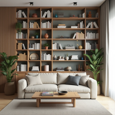 Sala de estar limpa e organizada, mas com muitos objetos expostos e pouca unidade visual, criando sensação de bagunça e excesso de estímulos.