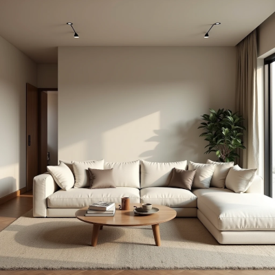 Sala de estar com poucos elementos, paleta coesa e espaços vazios, transmitindo sensação de ordem, leveza visual e tranquilidade emocional.