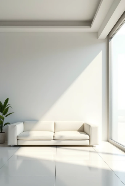 Sala minimalista com piso frio, paredes lisas e janelas sem cortinas, transmitindo sensação de eco e reverberação sonora.