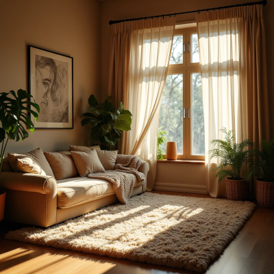 Sala com tapete grande, cortinas densas e plantas, criando atmosfera acolhedora e absorção sonora natural.