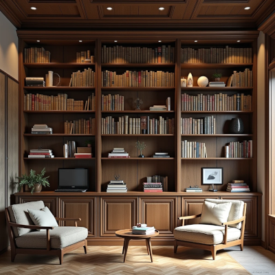 Estante com livros e objetos decorativos criando irregularidade visual e ajudando na dispersão do som no ambiente.