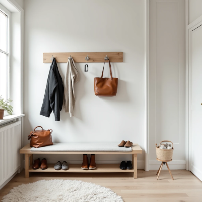 Hall de entrada funcional com banco, ganchos e espaço para sapatos que facilita a rotina diária.