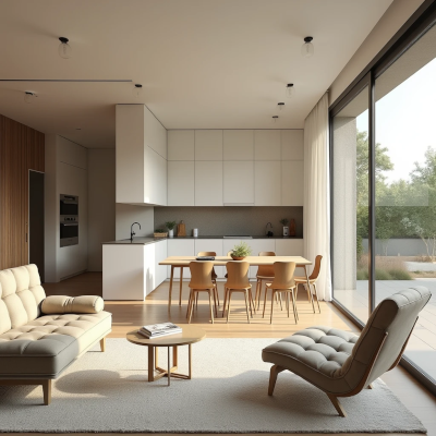 Interior de casa com layout aberto e circulação fluida entre os ambientes.