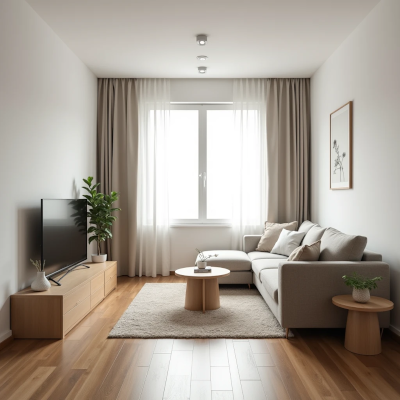 Sala pequena com móveis organizados deixando um caminho livre para circulação.