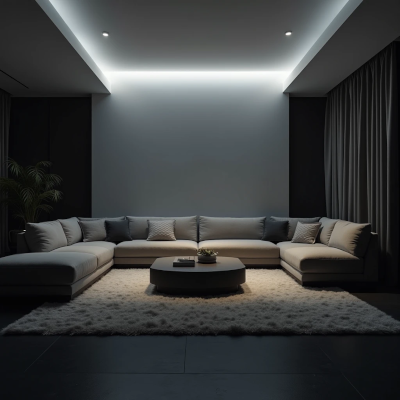 sala de estar moderna iluminada apenas por luz branca forte no teto, iluminação fria e intensa criando sombras duras, ambiente visualmente desconfortável e pouco acolhedor, decoração contemporânea simples, atmosfera fria e rígida, fotografia realista de interiores, iluminação artificial intensa, ultra detalhado, sem pessoas, sem animais, sem texto