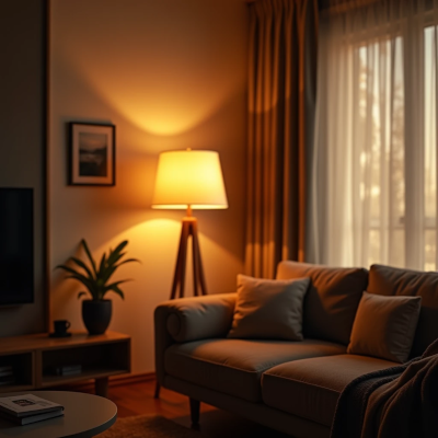 sala de estar aconchegante com iluminação quente e suave, abajur ao lado do sofá e luminária de piso criando luz indireta, ambiente acolhedor e relaxante, decoração contemporânea confortável, luz quente 2700k, atmosfera tranquila de final de tarde, fotografia de interiores realista, ultra detalhado, sem pessoas, sem animais
