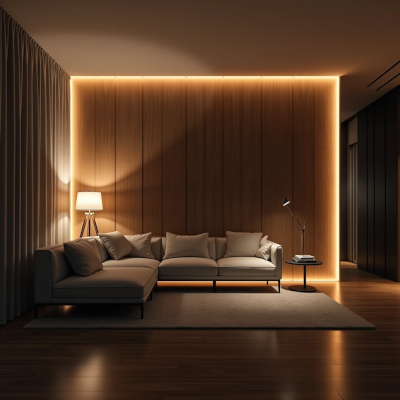 sala de estar elegante com camadas de iluminação, luz indireta de fita LED atrás do painel, luminária de piso ao lado do sofá e pequena luminária de mesa, iluminação quente e equilibrada criando profundidade no ambiente, design contemporâneo sofisticado, fotografia de interiores detalhada, sem pessoas, sem animais