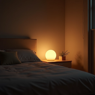 quarto acolhedor iluminado por abajures nas mesas de cabeceira com luz quente suave, iluminação indireta criando atmosfera relaxante para descanso, decoração minimalista escandinava com tons neutros, ambiente tranquilo de final de noite, fotografia de interiores realista, ultra detalhado, sem pessoas, sem animais