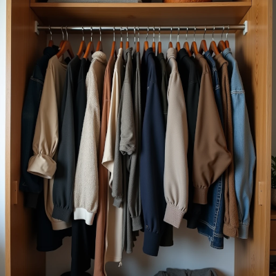 Armário cheio com roupas comprimidas e pouco espaço, transmitindo sensação de excesso.