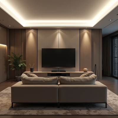 Sala com foco na TV e iluminação branca forte, criando ambiente frio e pouco acolhedor.