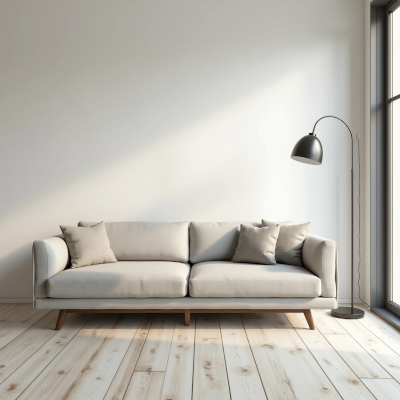 Sofá sem mesa lateral ou apoio em ambiente minimalista pouco acolhedor.