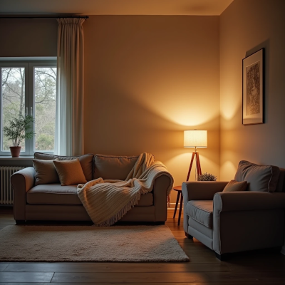Sala com iluminação quente, móveis próximos e elementos aconchegantes que convidam ao descanso.
