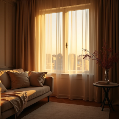 Sala com luz dourada e atmosfera acolhedora que transmite sensação de descanso.