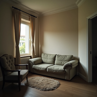 Sala pequena com sofá grande demais, causando sensação de aperto e circulação limitada.