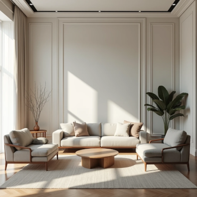 Sala com móveis muito afastados e vazio central, criando sensação de desconexão.