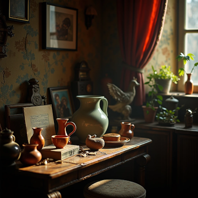 Ambiente com objetos de estilos variados acumulados ao longo do tempo, transmitindo camadas de história.