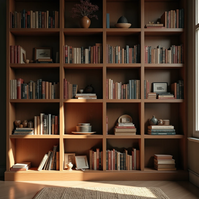 Estante de madeira com livros e objetos pessoais, transmitindo identidade e história no ambiente.