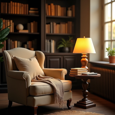 Cantinho de leitura com poltrona e livros, iluminado por luz quente, transmitindo acolhimento e identidade.