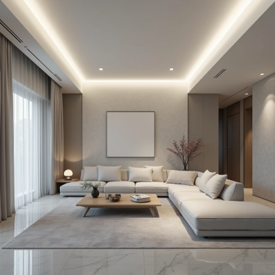 Sala minimalista com superfícies lisas e iluminação branca direta, transmitindo sensação de frieza e impessoalidade.