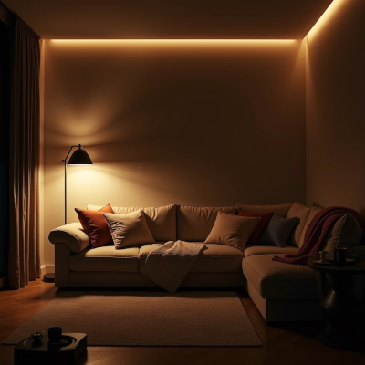 Sala iluminada por luz indireta com abajur e texturas naturais, criando ambiente acol