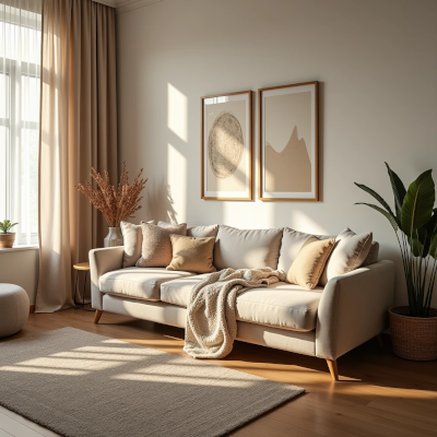 Sala acolhedora com texturas, objetos pessoais e luz natural, transmitindo sensação de pertencimento.