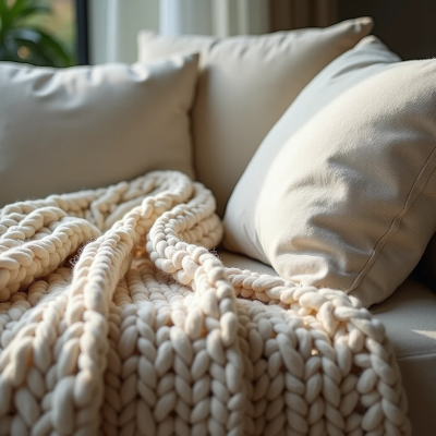 Close em manta de tricô e almofadas texturizadas sobre sofá, transmitindo aconchego e conforto visual.