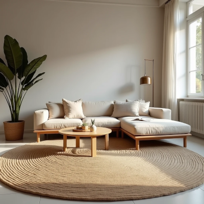 Sala iluminada por abajur com luz quente indireta, criando atmosfera acolhedora e relaxante.