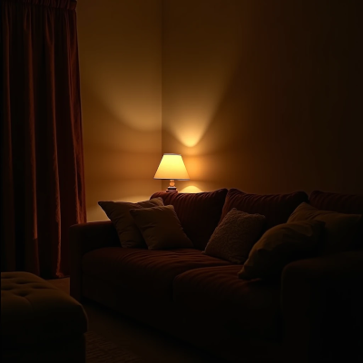 Sala iluminada por abajur com luz quente indireta, criando atmosfera acolhedora e relaxante.