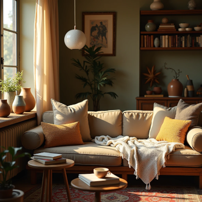 Sala com livros e objetos pessoais, iluminação natural quente e atmosfera acolhedora e vivida.
