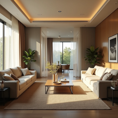 Sala com circulação livre, luz natural e disposição funcional que transmite leveza e fluidez.