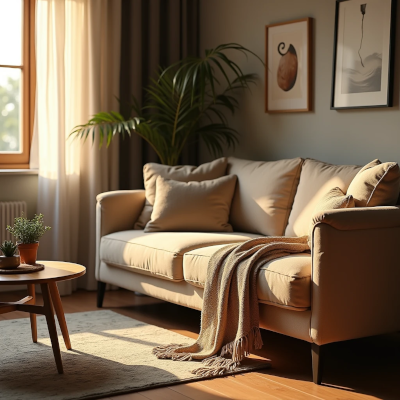 Sala organizada de forma funcional com luz natural e atmosfera acolhedora e fluida.