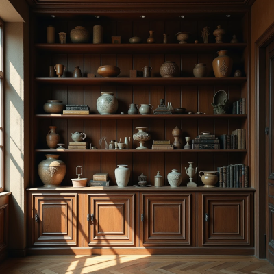 Estante com excesso de objetos decorativos e sensação de acúmulo emocional e visual.