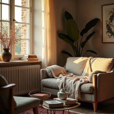 Sala acolhedora com objetos pessoais e iluminação quente, transmitindo sensação de identidade e equilíbrio.