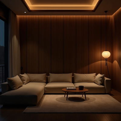 Sala iluminada com luz quente e indireta transmitindo sensação imediata de acolhimento.